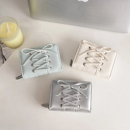 Simple Korean Style Bow Wallet Ultra Thin Short Clutch Card Bag Multi-function Zipper PU Leather Card Holder Travel Coin Purse
