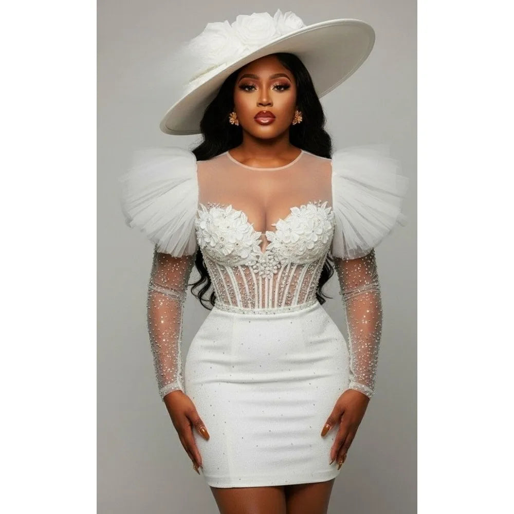 Customized 2026 Hot Sale White Formal Dress High Neck Sheer Puff Sleeve Rhinestone Beaded Corset Bodycon Mini Gown Women Bridal