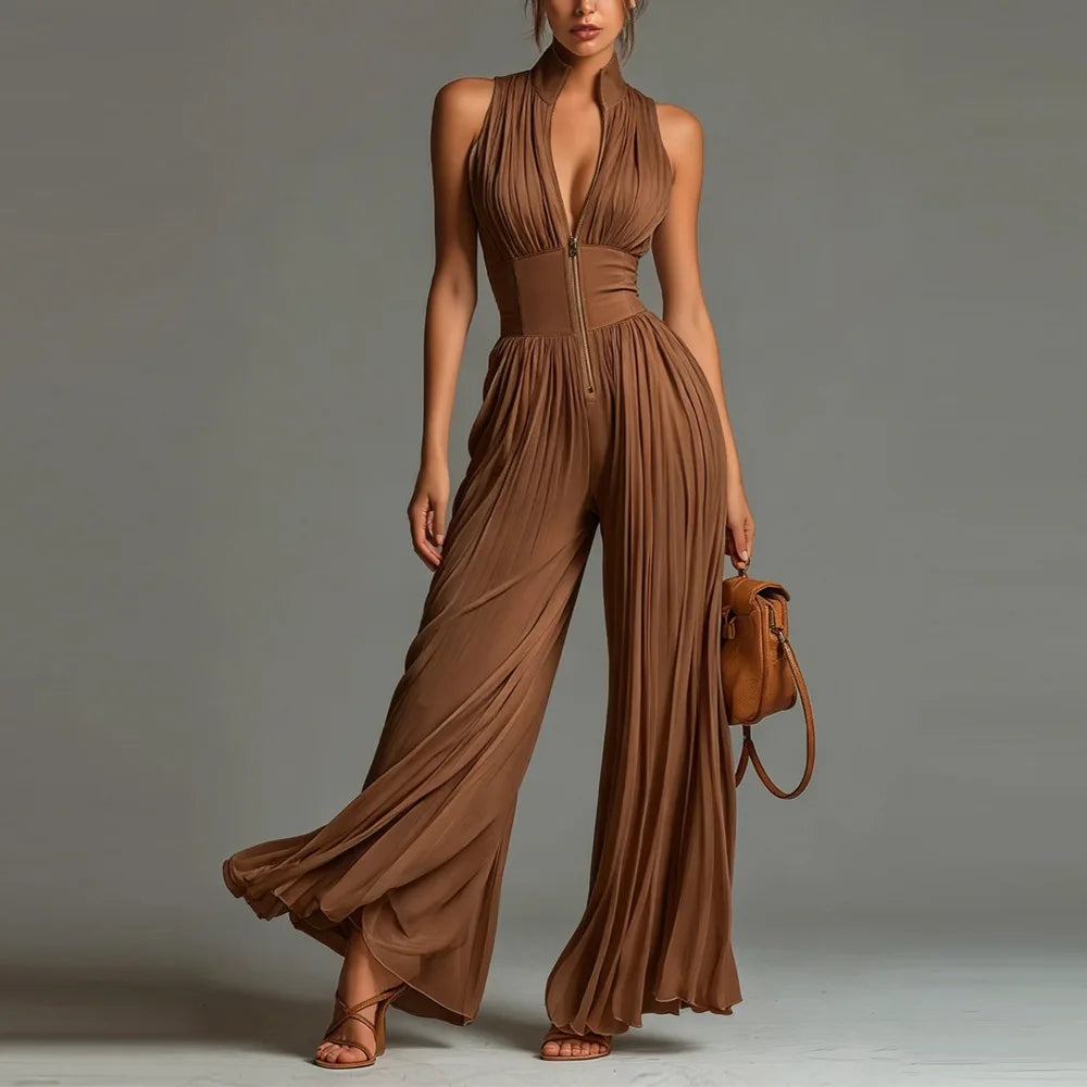 Sexy Deep V Neck Hollow Zip Jumpsuit Women's Spring Solid High Waist Wide Leg Romper Summer Sleeveless Pleated Vacation Overalls