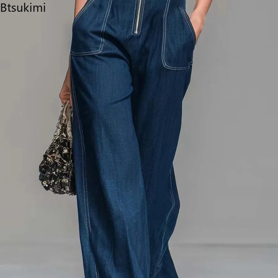 New Women's Sleeveless Denim Jumpsuits High Waist Wide Leg Cargo Pants Front Zipper Casual Office Overalls Summer Jean Jumpsuit