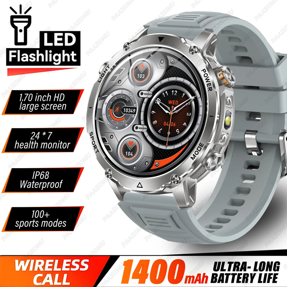 Brand+1400mAh Big Battery Smartwatch Men 1.7" AMOLED 200-Day Standby Swim Diving Waterproof GPS Military Tactical SOS 100 Sports