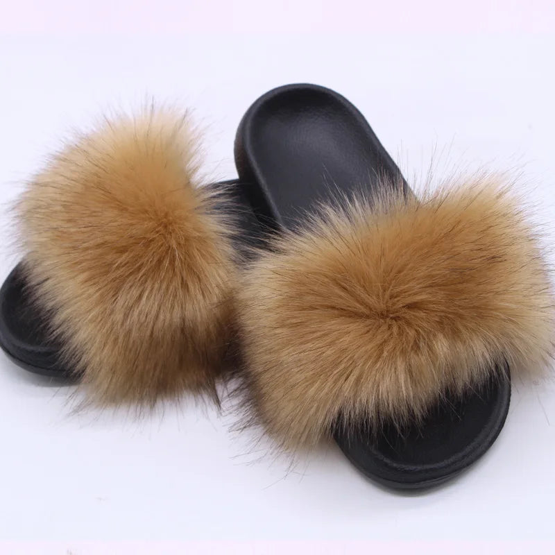 Women's  Faux Fox Fur Slides Fluffy Open Toe Slippers Indoor Outdoor Casual Flat Sandals Luxury Furry Slide Shoes for Ladies
