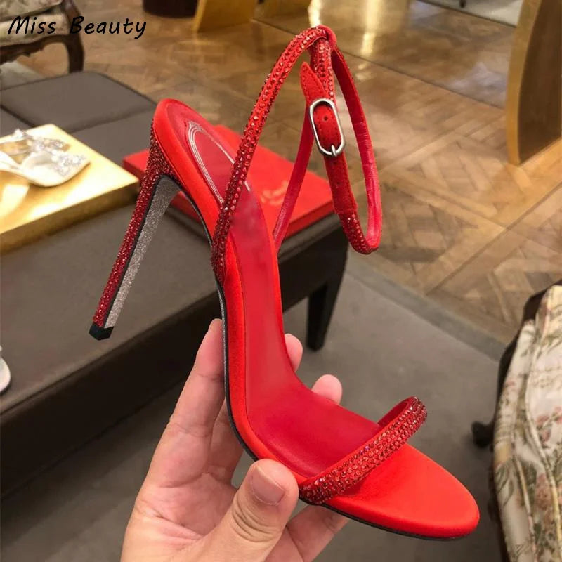 Concise One Belt Crystal High Heel Sandals Women Buckle Strap Stiletto Heeled Summer Shoes Bling Bling Ankle Strap Shoes