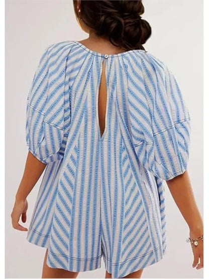 fall Beach Vacation Rompers Short-sleeve Striped Jumpsuit Slim Casual Loose Deep V Wide-leg Short Jumpsuit For Women Clothing