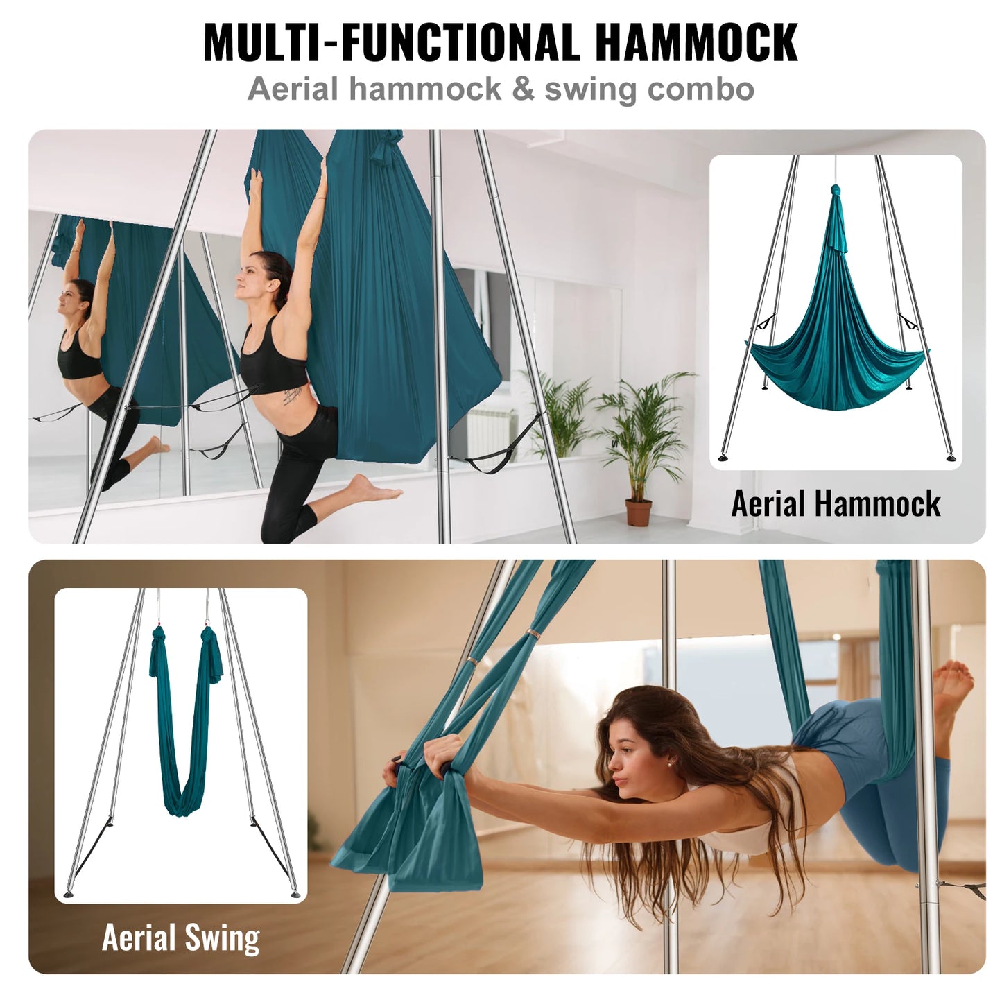 SucceBuy Aerial Yoga Frame&Hammock 9.67FT Professional Yoga Swing Stand with 6.6 Yards Aerial Silks Max 551lbs Indoor Aerial Rig