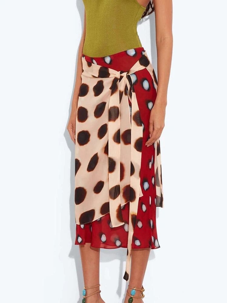 Two Tone Polka Dot Chiffon Wrap Skirt Women Tie Waist Asymmetric Hem Layered Midi Skirt For Summer Beach Vacation Casual Wear