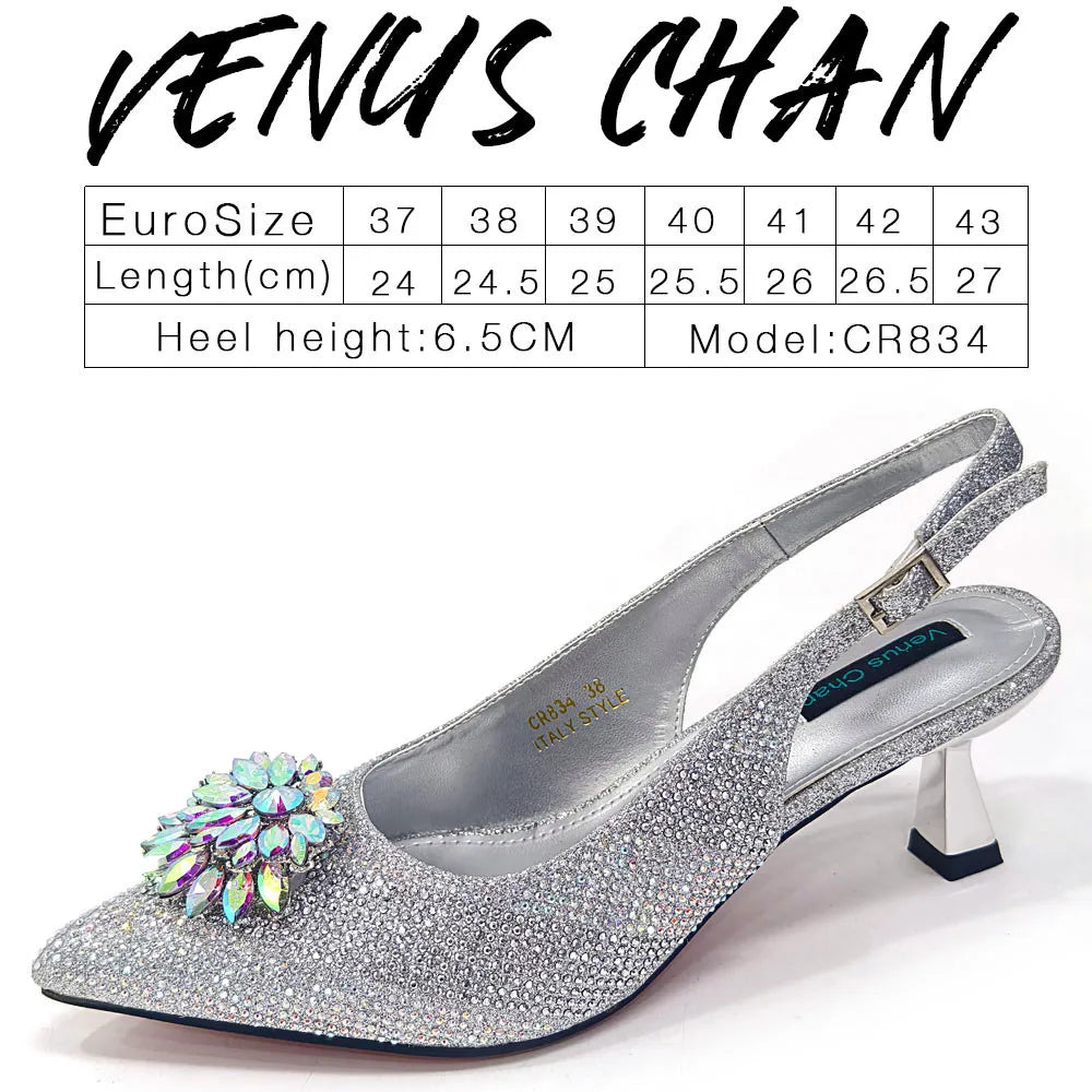 Newest Arrivals Special Design Silver Color African Women Shoes and Bag Set Pointed Toe Pumps for Wedding Party