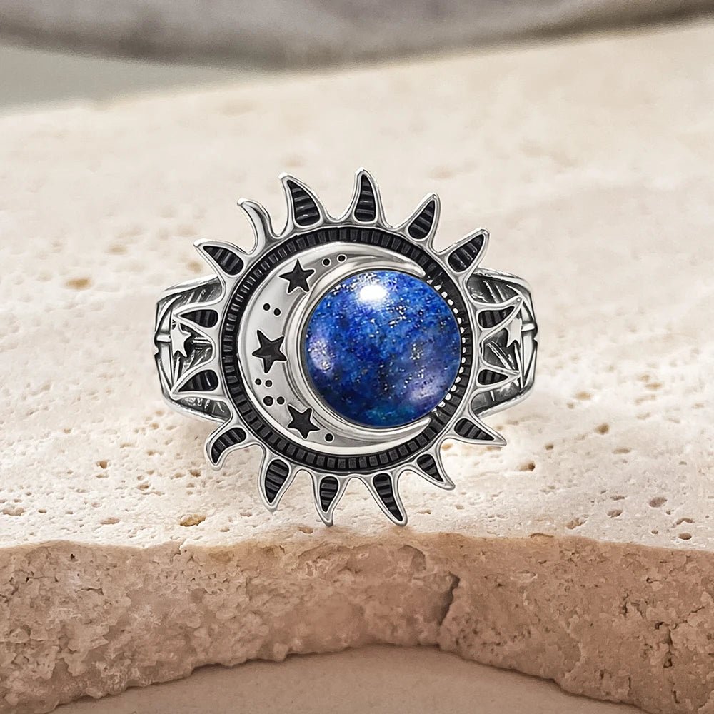 925 Sterling Silver Natural Moonstone Ring 8MM Bohemian Star Sun Moon Shape Ring Gothic Punk Style Party Gift for Women Men