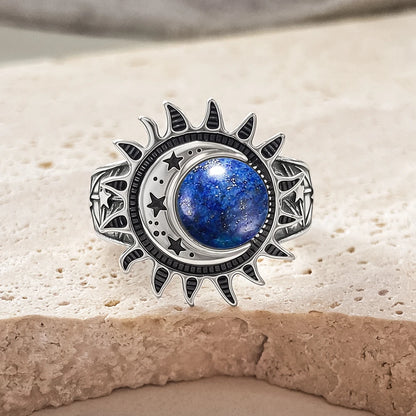 925 Sterling Silver Natural Moonstone Ring 8MM Bohemian Star Sun Moon Shape Ring Gothic Punk Style Party Gift for Women Men
