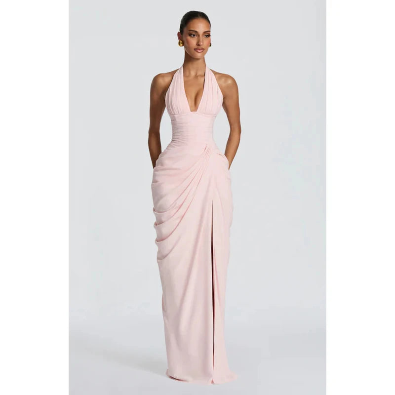 Sexy Solid Pleated Halter Dress Women Fashion Sleeveless Backless Waist-cinching Split Maxi Dresses 2026 Summer Lady Party Gowns