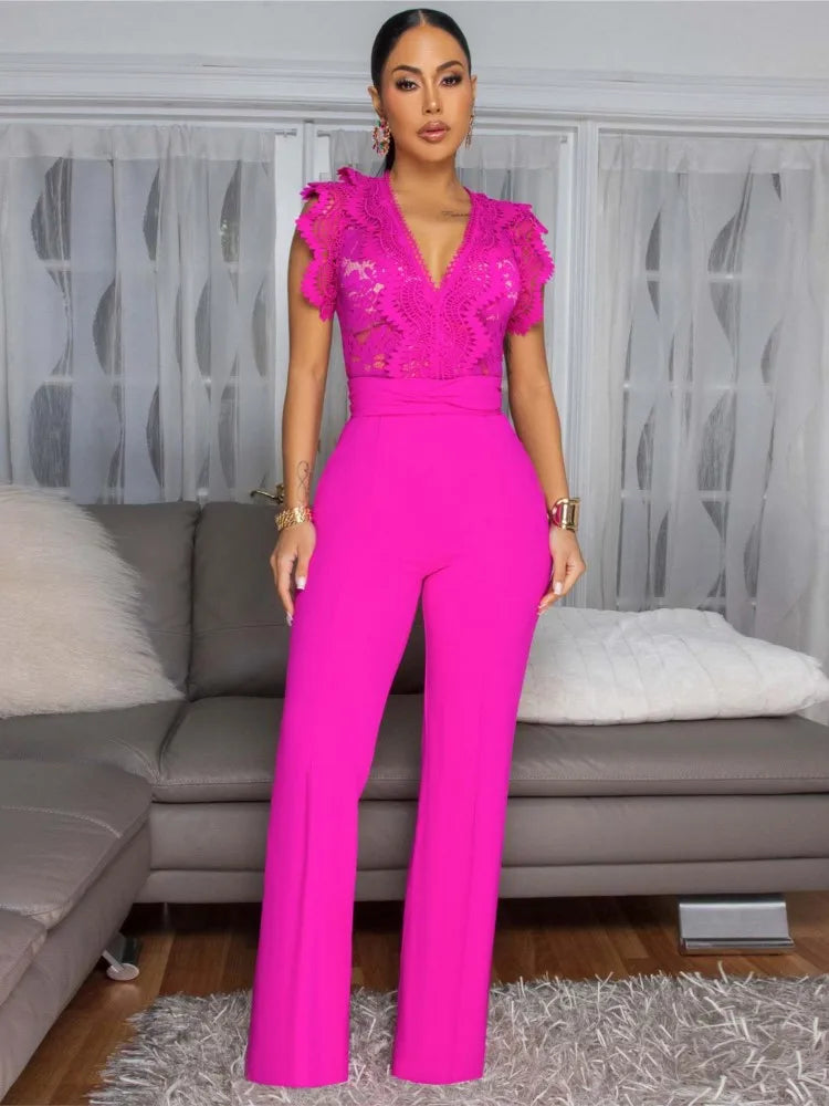 Women's Jumpsuit Elegant Lace V Neck Short Sleeve High Waisted Wide Leg Rompers Sports Fitness Party Banquet Jumpsuites Sexy Y2K