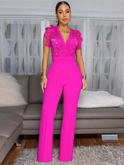 Women's Jumpsuit Elegant Lace V Neck Short Sleeve High Waisted Wide Leg Rompers Sports Fitness Party Banquet Jumpsuites Sexy Y2K