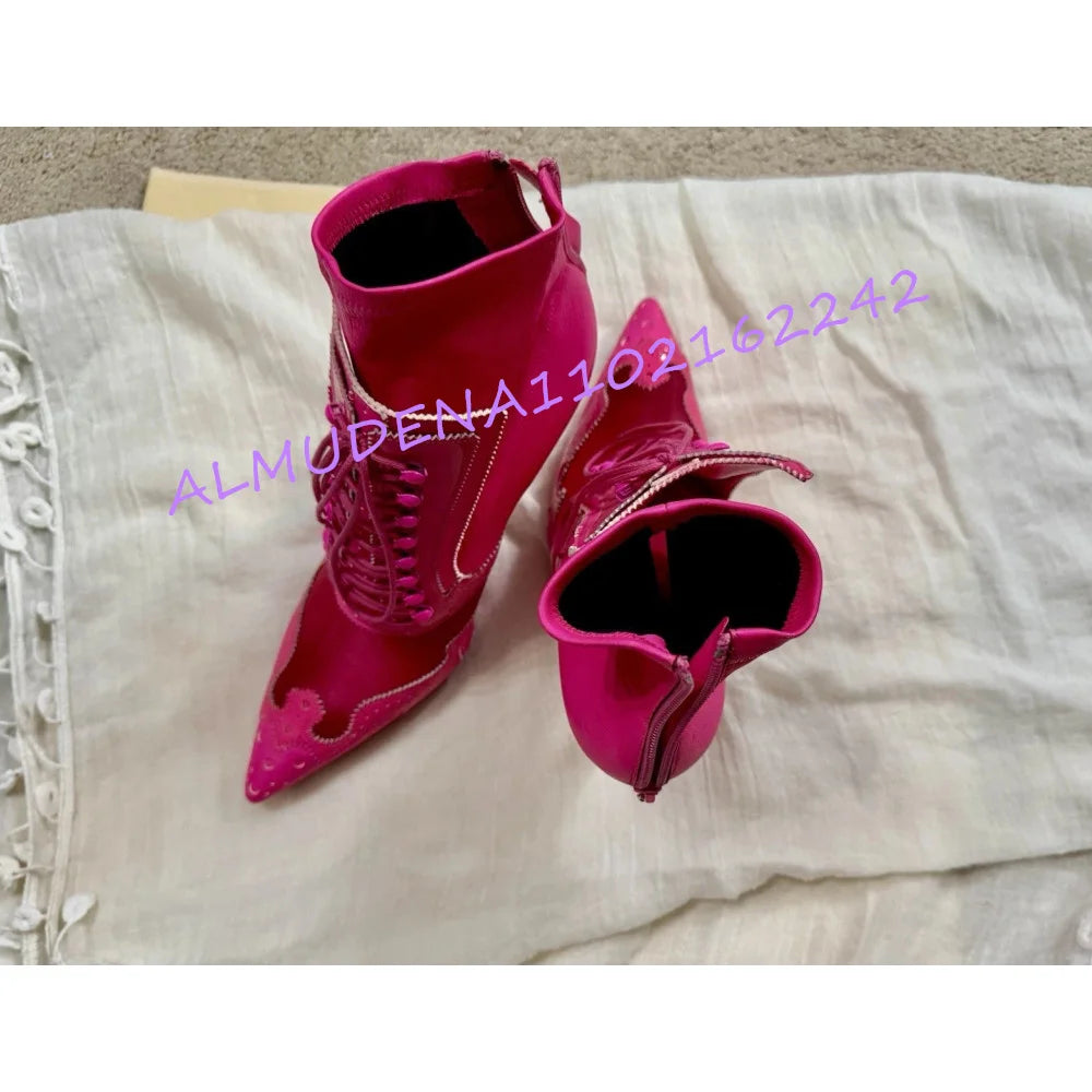 Women Pink Mesh Spliced Ankle Boots Pointed Toe Front Lace Up Back Zipper Thin Stiletto Heel Club Party Ladies Heeled Footwear