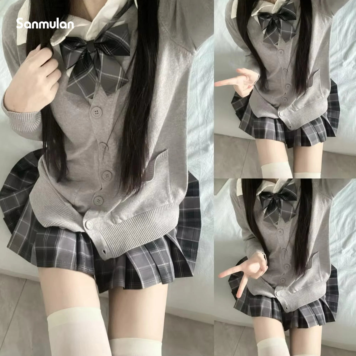 3Pc Set Japanese Korean School Uniforms Multicolor Sweater&Plaid Pleat Skirt with Bow Jk Uniform Suit Graduation Costumes Women