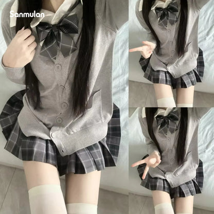 3Pc Set Japanese Korean School Uniforms Multicolor Sweater&Plaid Pleat Skirt with Bow Jk Uniform Suit Graduation Costumes Women