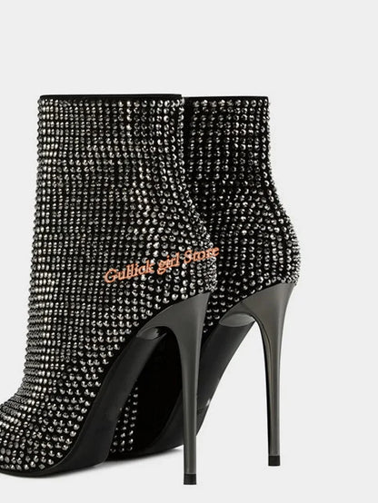 Sexy Rhinestone Short High Heeled Boots Zipper Sexy Pointy Toe Stiletto Thin High Heel Runway 2026 Women Winter Autumn Shoes