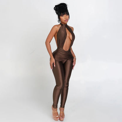Halter Backless Jumpsuit Woman Sexy Hollow Fit Patchwork Waist Ruched Midnight Activity Workout Streetwear Overalls