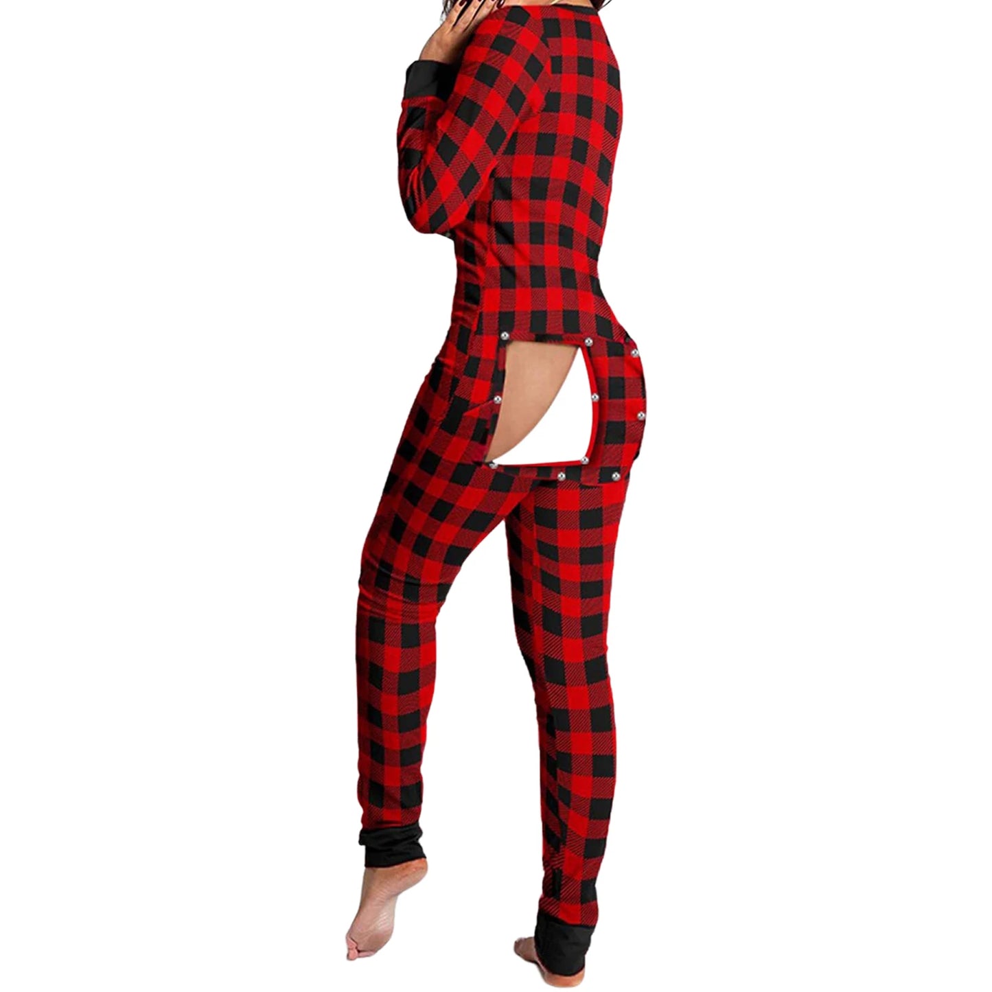 Christmas Women's Jumpsuit Pajamas Long Sleeve V Neck Themed Print Bodysuit Sleepwear with Drop Seat Butt Flap