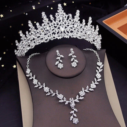Elegant Silver Color Crystal Bridal Jewelry Sets Princess Tiara Crown and Necklace Earrings Sets for Bridal Wedding Prom Gifts