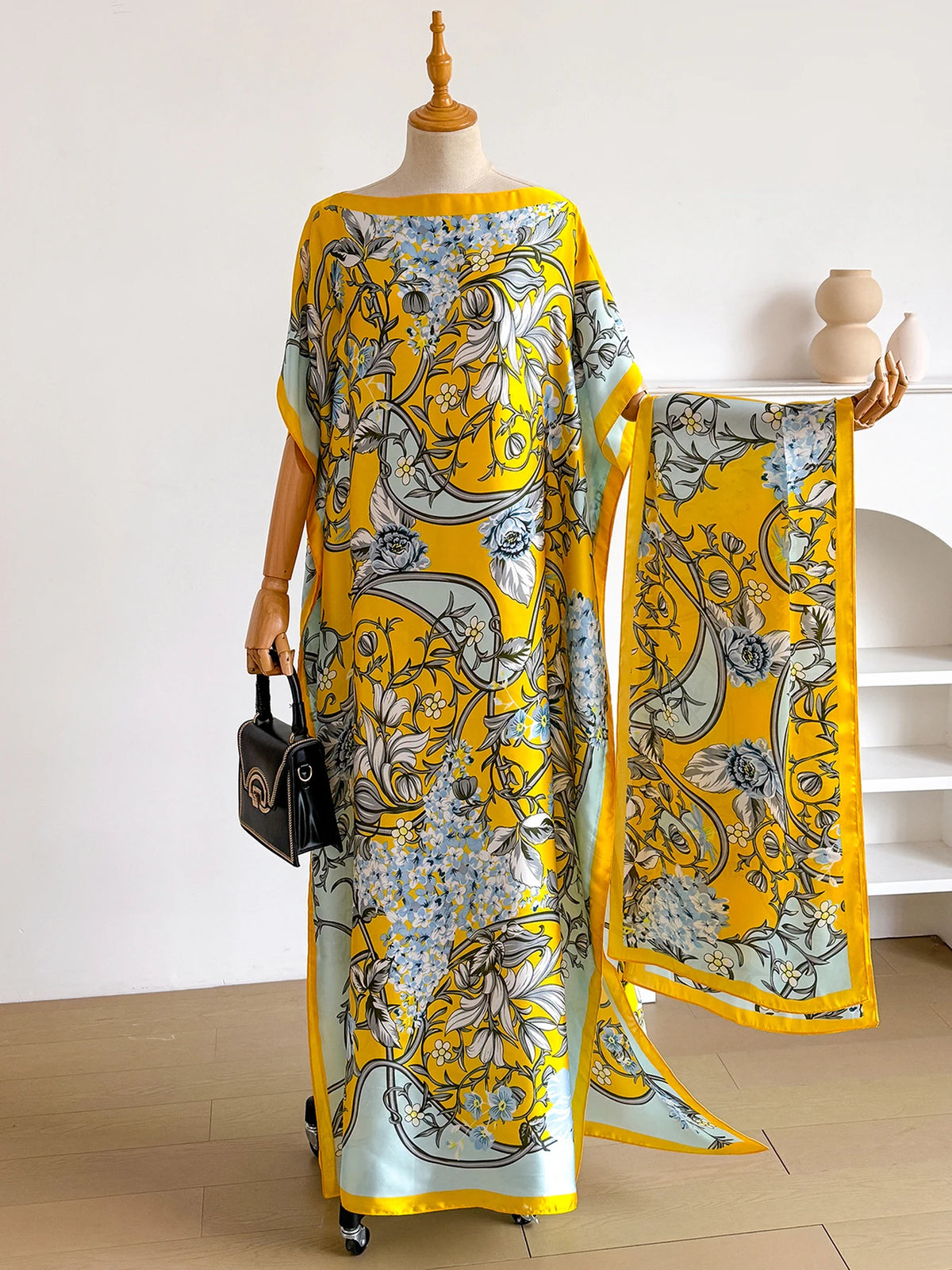 Vintage Curly Vine Floral Print Satin Abaya Scarf Set, Loose Batwing Kaftan For Muslim Women Summer Daily Beach Holiday Wear
