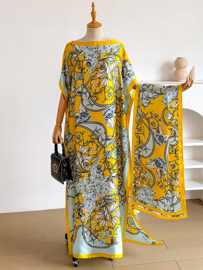 Vintage Curly Vine Floral Print Satin Abaya Scarf Set, Loose Batwing Kaftan For Muslim Women Summer Daily Beach Holiday Wear