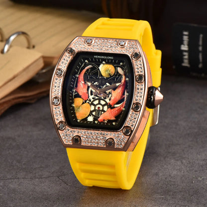 2026 New Hengbolong Diamond Quartz Watch Men's Fashion Koi Pattern with Calendar Watch