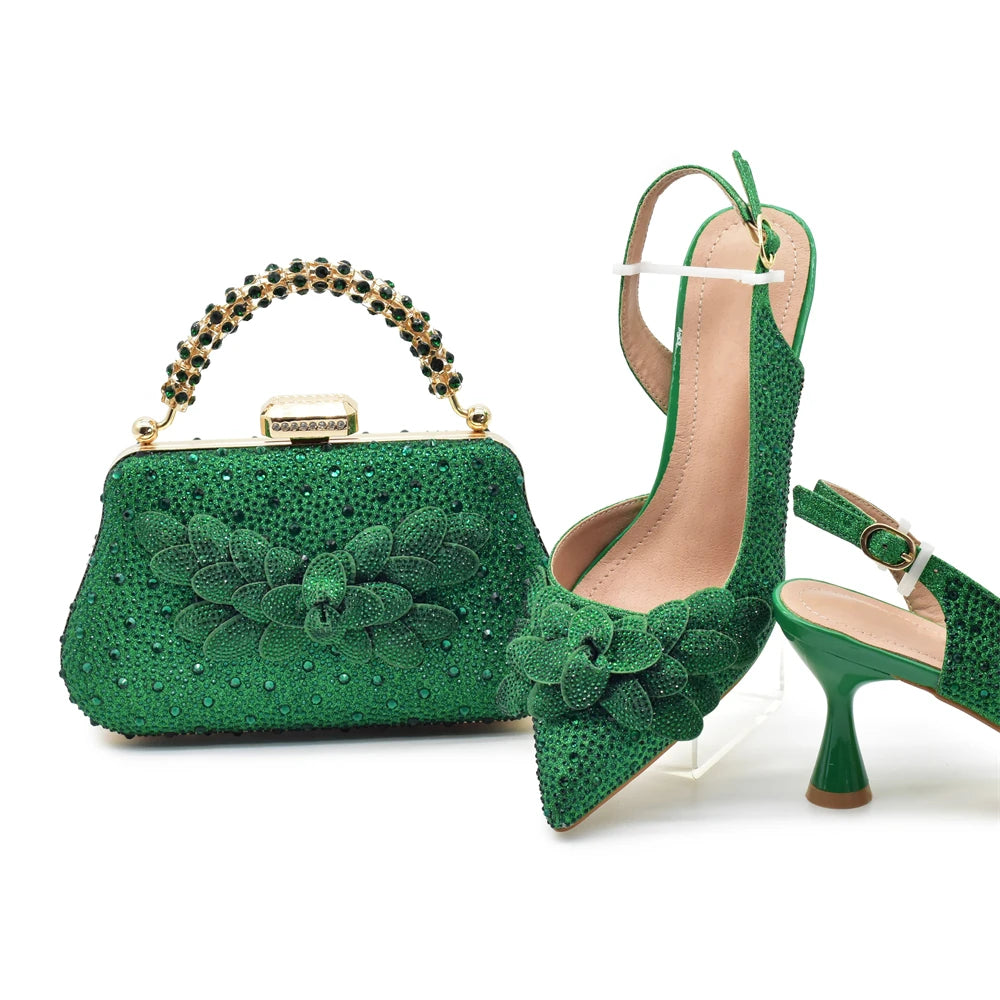 2024 Nigerian Style Rhinestone Medium Heeled Sandals for Women Fashion Wedding Party Shoes and Bags Set with Rhinestone