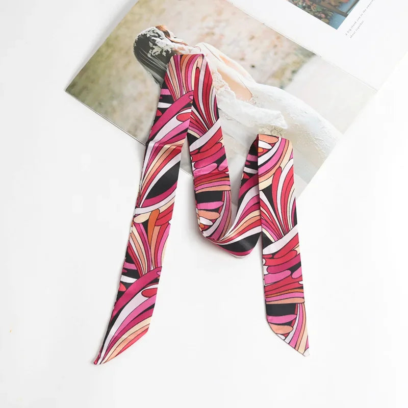 Women Print Flower Small Scarf Handle Bag Ribbons Fashion Head Scarf Small Long Skinny Scarves Headbands Tie Accessories