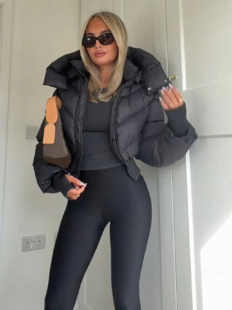 Trendy Solid Hooded Zip Snap Button Short Puffer Jacket Women Slim Fit Cropped Outerwear Winter Casual Street Daily Holiday Wear
