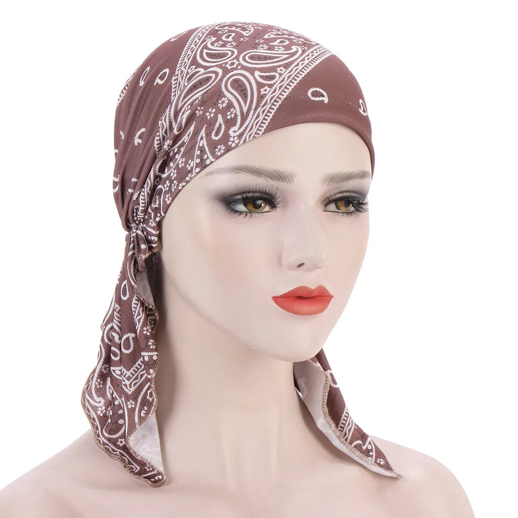 2026 New Trendy Print Muslim Fashion Hijab Turban Bonnet Long Tail Head Wraps Soft Elastic Hijab Hats Chemo Cap For Women Girls