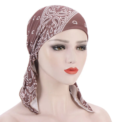 2026 New Trendy Print Muslim Fashion Hijab Turban Bonnet Long Tail Head Wraps Soft Elastic Hijab Hats Chemo Cap For Women Girls
