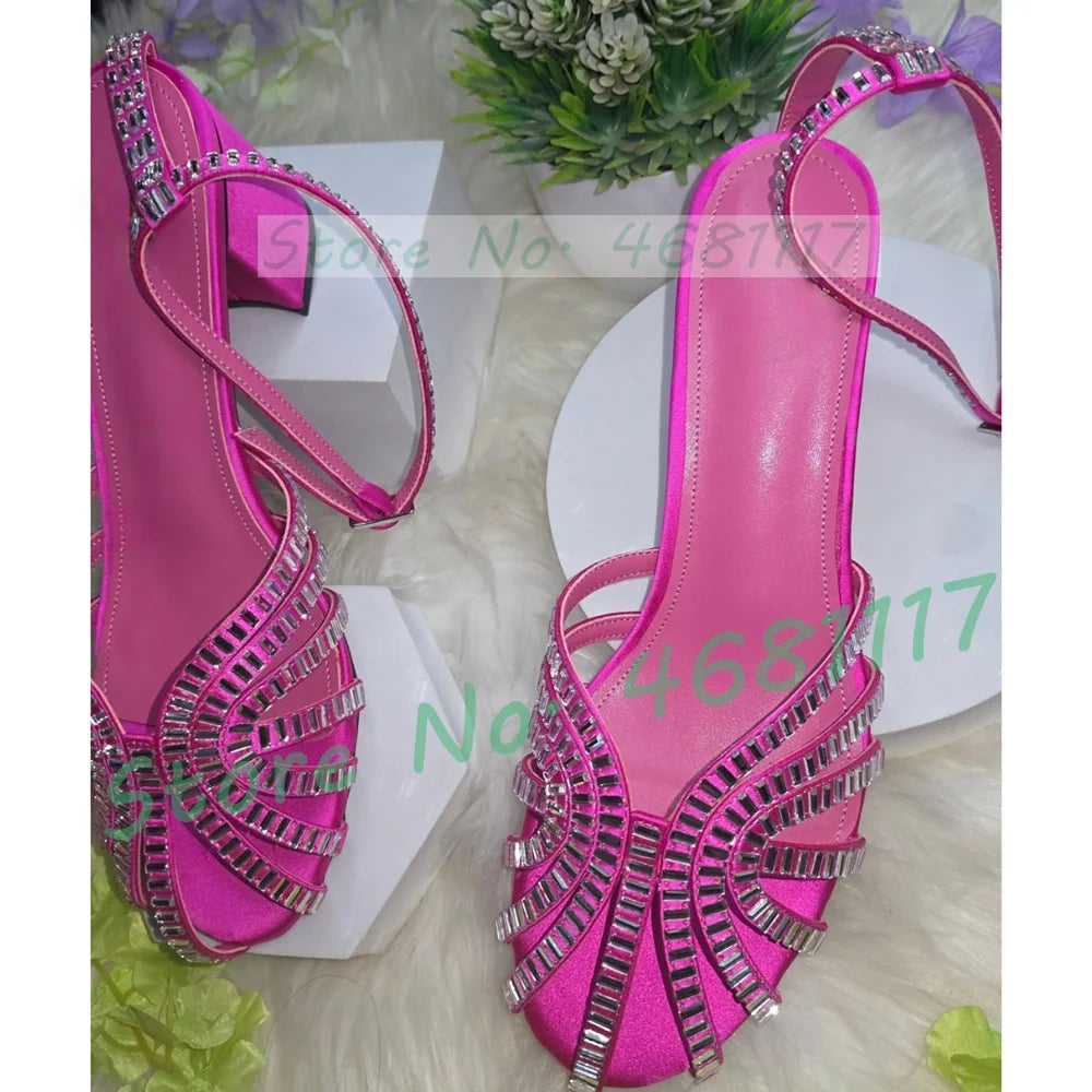 Crystal Caged Mid Block Heel Satin Sandals Women Metallic Leather Luxury Feminine Shoes Ladies Summer Ankle Strap Evening Shoes
