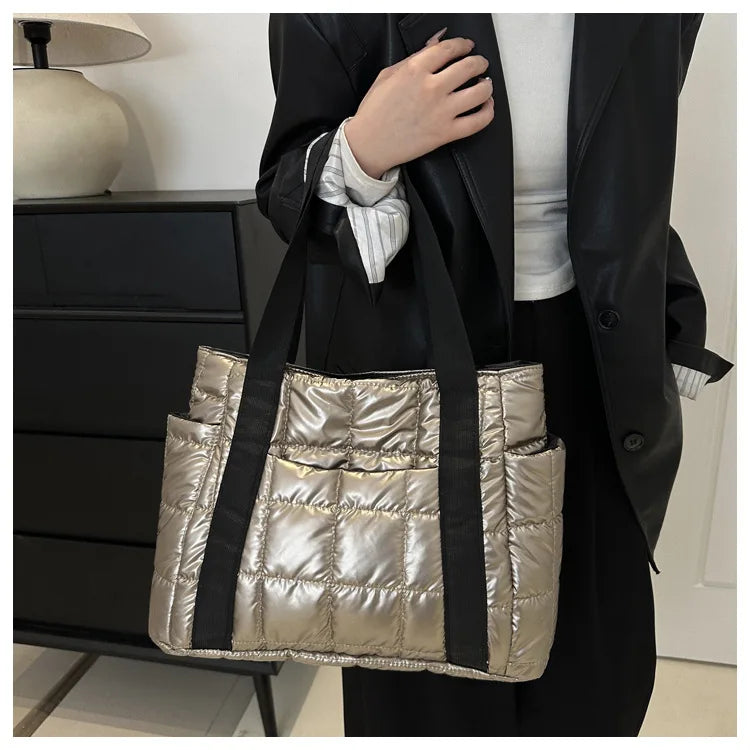 Space Padded Women Shoulder Bags For Winter 2025 Large Capacity Black Handbags Designer Nylon Cotton Warm Tote Solid