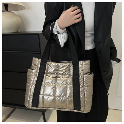 Space Padded Women Shoulder Bags For Winter 2025 Large Capacity Black Handbags Designer Nylon Cotton Warm Tote Solid