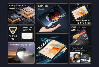 Android Tablet Cubot TAB KingKong Mini, 10200mAh Mega Battery 16GB(6+10),128GB, Camping Light, 8.68-inch Screen, 48MP Camera,GPS