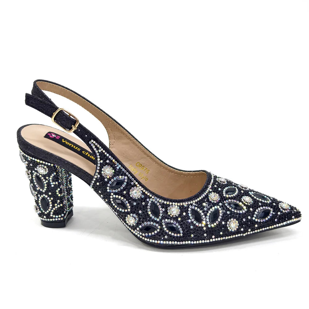 Elegant Women's Nigerian Fashion Pointed-Toe Party Shoe and Bag Set Rhinestone Luxurious Rhinestone Pumps for Special Occasions