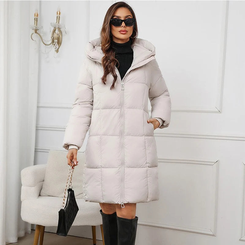 Winter Women's Long Coat Windproof Warm Padded-Cotton Coat Simple Loose Hooded Parkas Fashion Plaid Quilted Jackets for Woman
