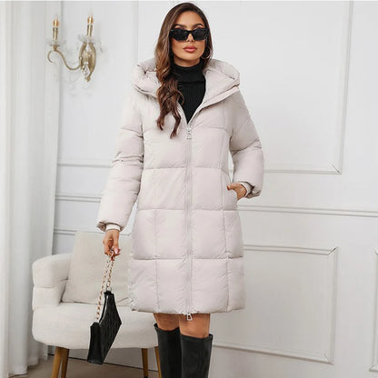 Winter Women's Long Coat Windproof Warm Padded-Cotton Coat Simple Loose Hooded Parkas Fashion Plaid Quilted Jackets for Woman
