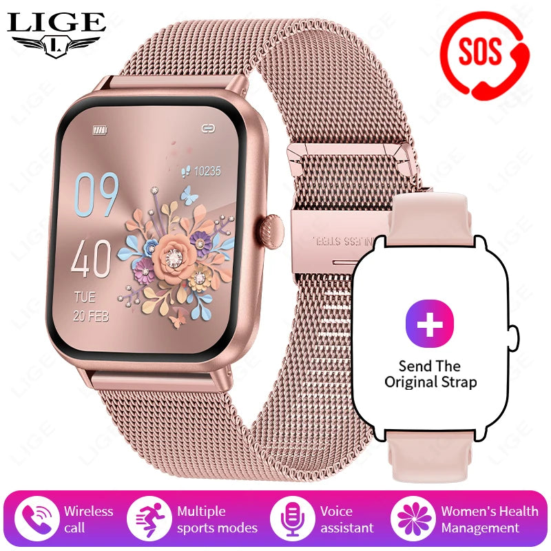 LIGE Fashion 1.83" HD Screen Smart Watch Women Bluetooth Call IP68 Waterproof Ladies Watches Daily Health Monitor Smartwatch New