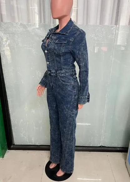 Jumpsuit Women 2026 New Spring Autumn Turn-Down Collar Long Sleeved Pocket Design High Waist Streetwear Casual Denim Jumpsuit