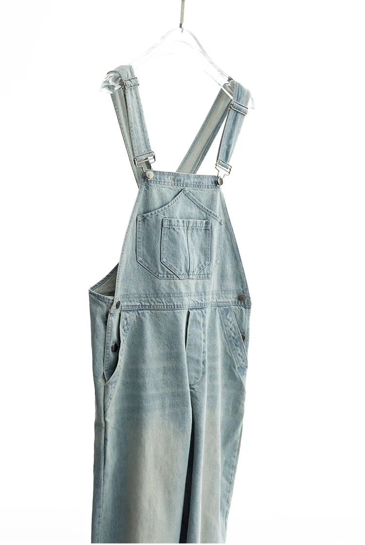 Age-Reducing, Laid-Back Style~ Women's Washed Light Blue Denim Overalls, Versatile Slim-Fit Straight-Leg Jumpsuit