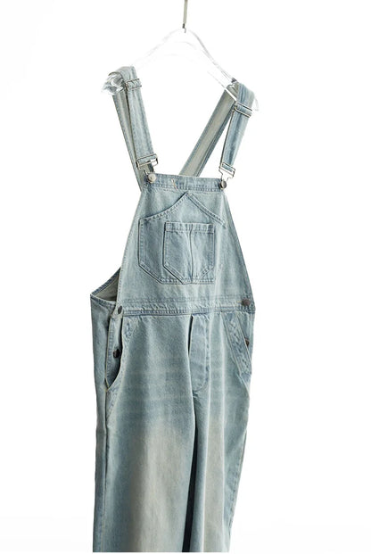 Age-Reducing, Laid-Back Style~ Women's Washed Light Blue Denim Overalls, Versatile Slim-Fit Straight-Leg Jumpsuit