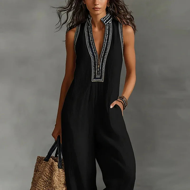 Sexy Deep V Neck Hollow Women's Jumpsuits Vintage Printed High Waist Slim Office Romper Spring Summer Sleeveless Pocket Overalls