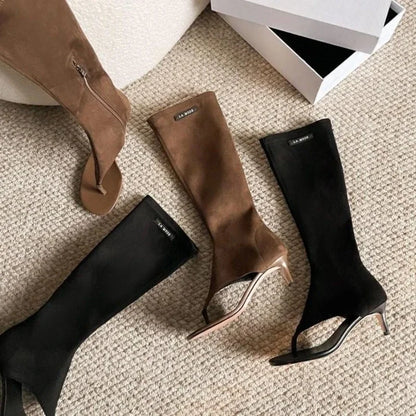 2025 Black Open Toe Clip-On Knee Boots Women's Modern Booties Thin Low Heel Side Zip Spring Summer Party Heels Sandals
