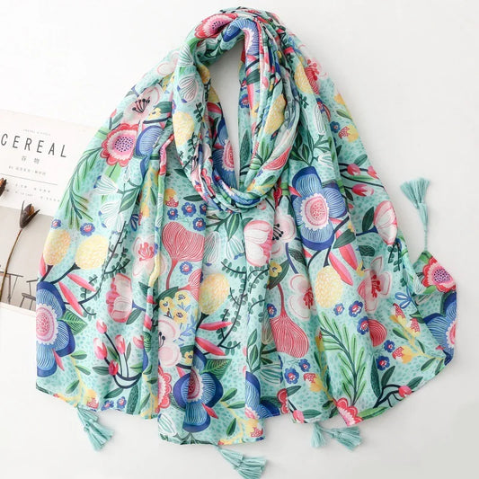 Spain Fashion Petal Floral Tassel Viscose Shawl Scarf Lady High Quality Print Soft Pashmina Stole Bufandas Muslim Hijab 180*90Cm