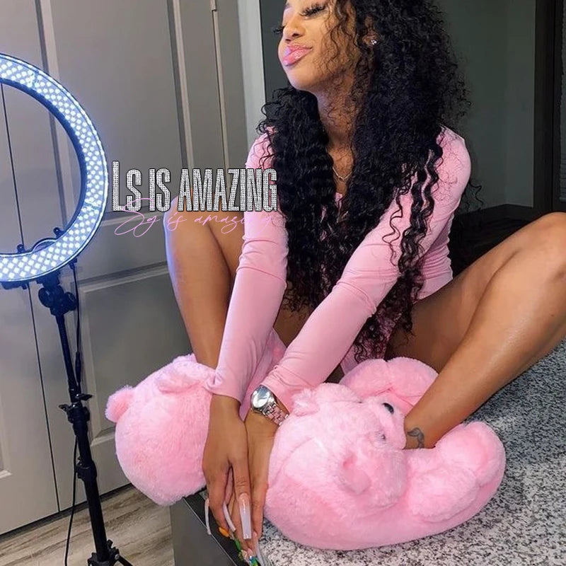 Cute Teddy Bear Plush Winter Slippers, Wrapped Heel Funny Indoor Floor Shoes, Women Gift, Warm Soft Cartoon Fluffy Animal Slippe