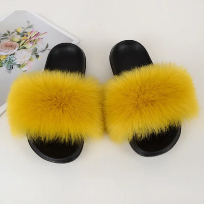 Women's Summer Faux Fur Fox Fur Slippers Fashion Luxury Indoor and Outdoor Non-Slip Solid Color Flat Bottom Furry Sandals
