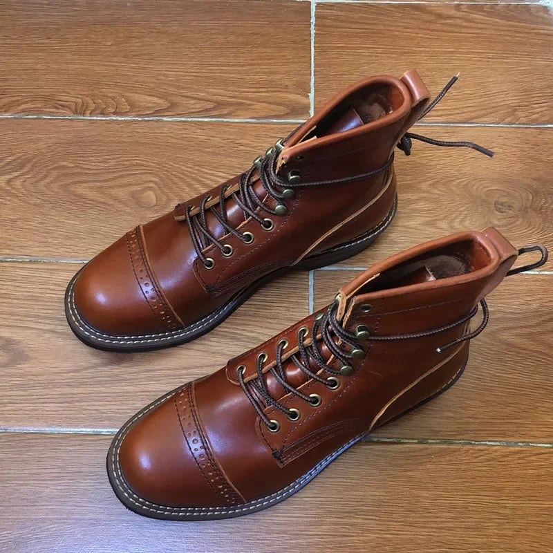 New Vintage British Round Toe Men Shoes Lace-Up Genuine Cow Leather Ankle Boots Work Dress Motorcycle Boots Red Brown Casual