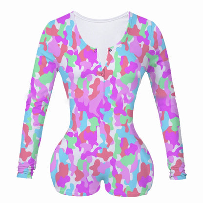 Combhasaki Women's Y2K Long Sleeve All-over Print Slim Sleepwear Jumpsuit Half Button O-neck Loungewear Bodysuit Shorts Romper