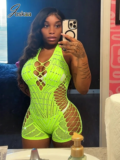 Joskaa Y2K Sparkling Rhinestone Halter Rompers Women Sexy Hollow Backless High Stretch Bodycon Playsuits Midnight Party Clubwear
